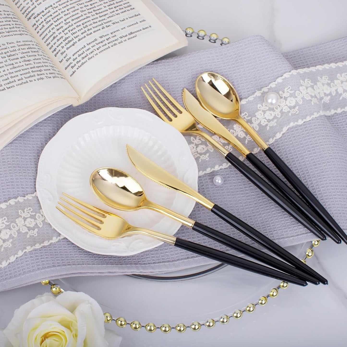 I00000 60 Pack Gold Silverware Set with Black Handle,Heavy Duty Black Plastic Cutlery Include 20 Forks 20 Knives 20 Spoons, Plastic Utensils Set for Party