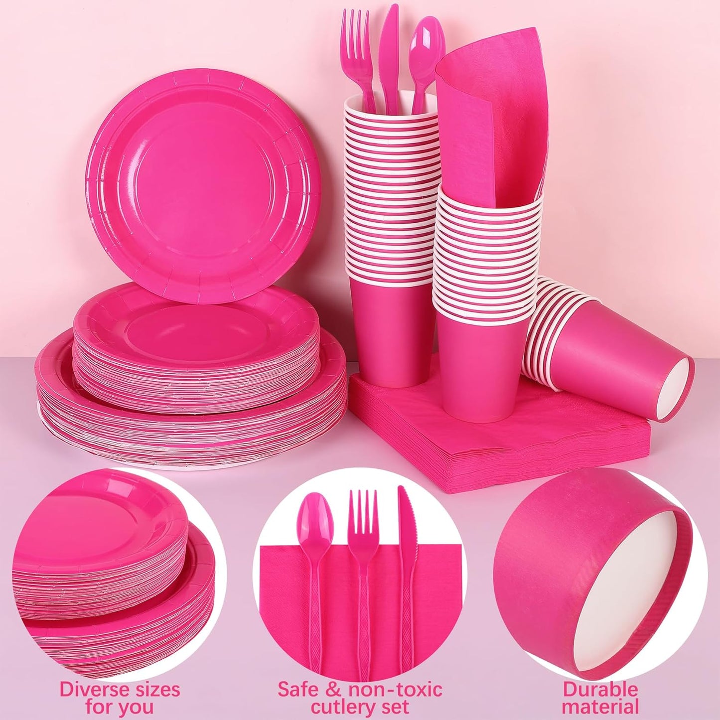 durony 350 Pieces Hot Pink Paper Dinnerware Set 7 Inch 9 Inch Disposable Dinner Plates Serve 50 Guests Paper Cup Cutlery Napkins Solid Color Party Supplies for Birthday Wedding Party Family Picnic