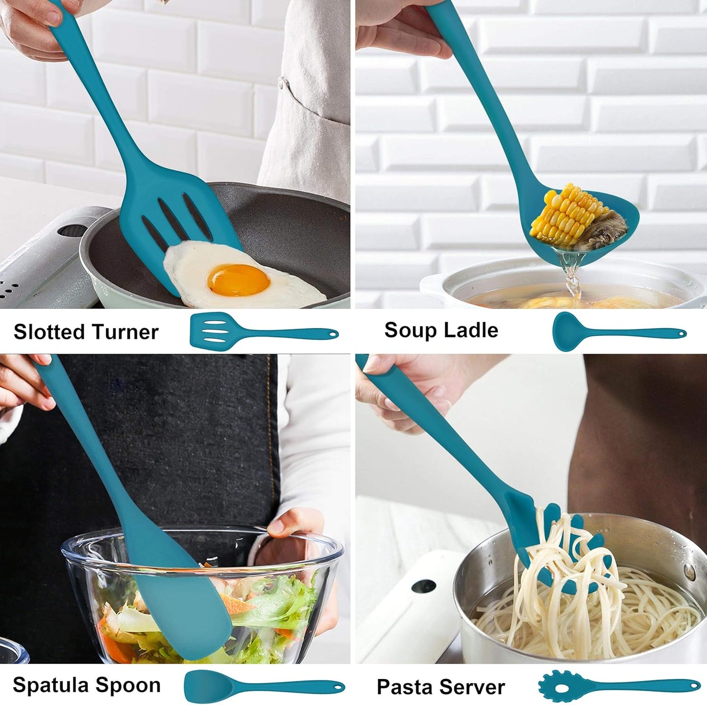 LIANYU 14 Pcs Cooking Utensils Set with Holder, Heat Resistant Silicone Kitchen Cookware Utensils Set, Kitchen Cooking Tools Includes Spatula Spoon Turner Whisk Tong, Dishwasher safe, Dark Blue