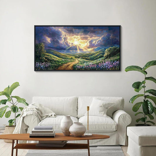 HKDGOKA Landscape Canvas Wall Art, Green Mountains Purple Clouds Flower Scenery Pictures Paintings Framed Artwork for Living Room Bedroom Bathroom Office Kitchen Home Wall Decor 20x40 IN