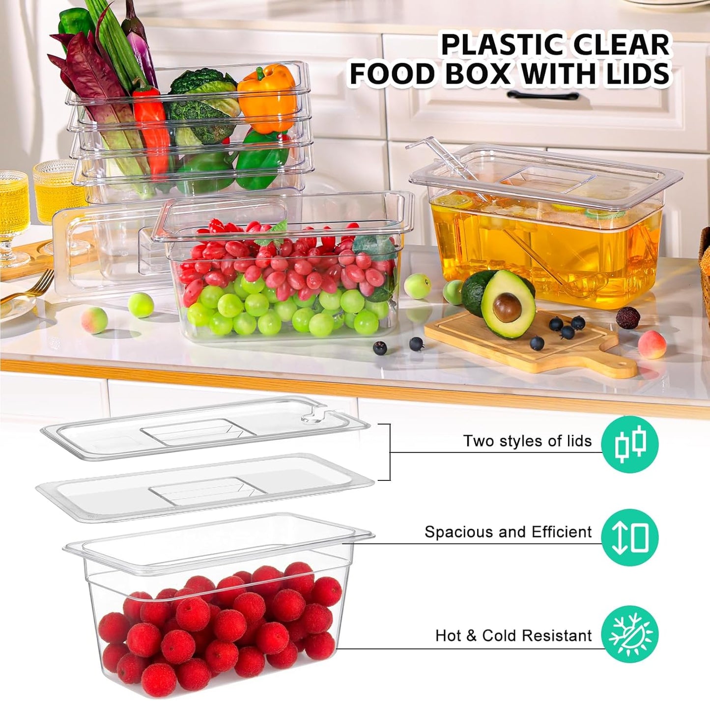 6 Pack Plastic Food Pans with Lids, 1/3 Size 6'' Deep Clear Commercial Stackable Polycarbonate Pans Hotel Food Storage Pan with 1 Pcs Spoon for Fruits Vegetables