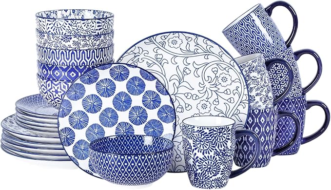 Selamica Ceramic Dinnerware Sets for 6, 24 Piece Plates and Bowls Sets, Scratch Resistant Dishes Set-Dishwasher & Microwave & Oven Safe, Vintage Blue A