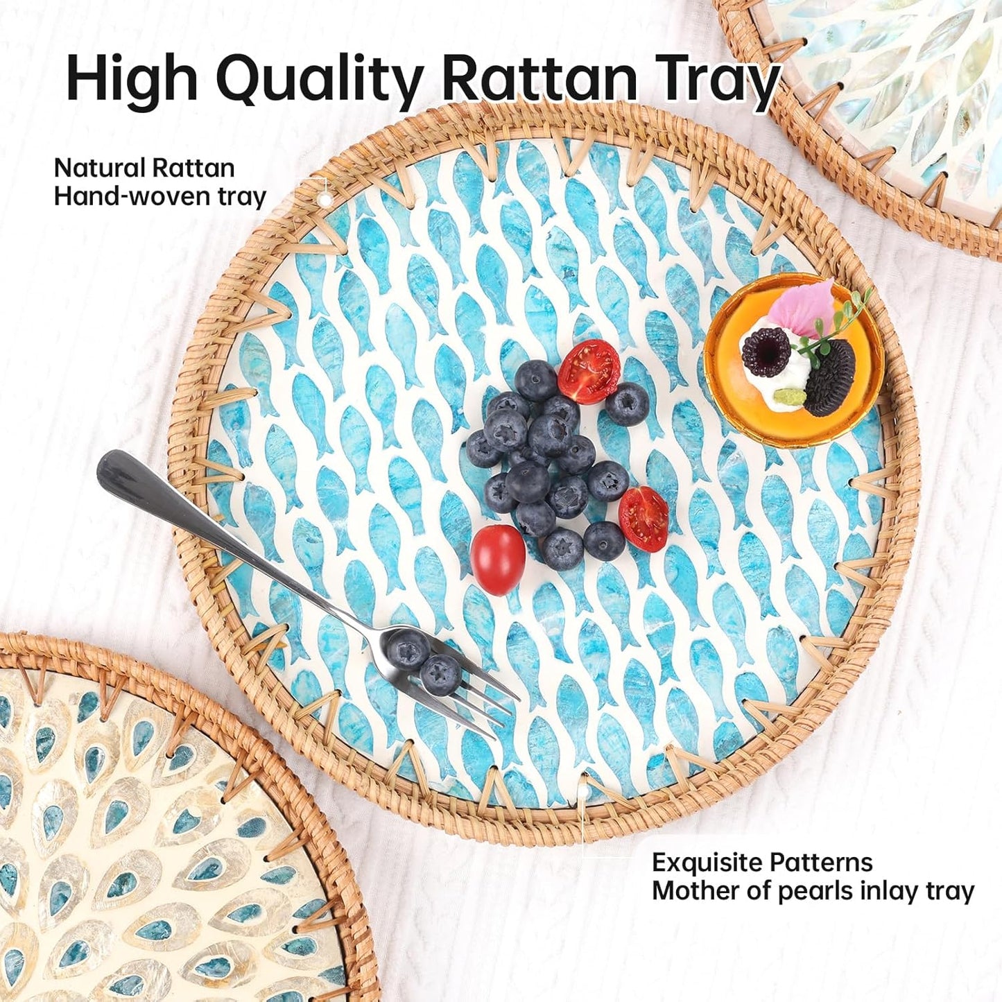 Round Rattan Tray with Mother of Pearl Inlay, Rattan Serving Tray for Coffee, Bread, Fruits, Decorative Wicker Tray for Table Decor, Home Decor, Kitchen Island Decor (Turquoise Fish, 11.8")
