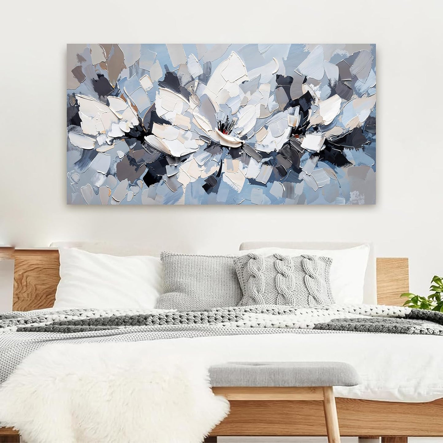 Abstract Canvas Wall Art Decor Modern White Wall Art for Living Room Abstract Canvas Art Wall Decor Flower Pictures Large Blue Wall Art Prints Artwork for Walls Bedroom Office Decor 24" X 48"