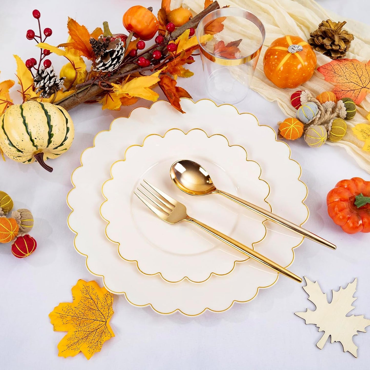 WONDERFUL 351pcs Ivory Plastic Plates - Upgrade Gold Plastic Dinnerware set Includes 100 Disposable Plates 150 Gold Silverware 50 Cups 50 Wedding Napkins 1 Table Runner for Wedding & High End Party