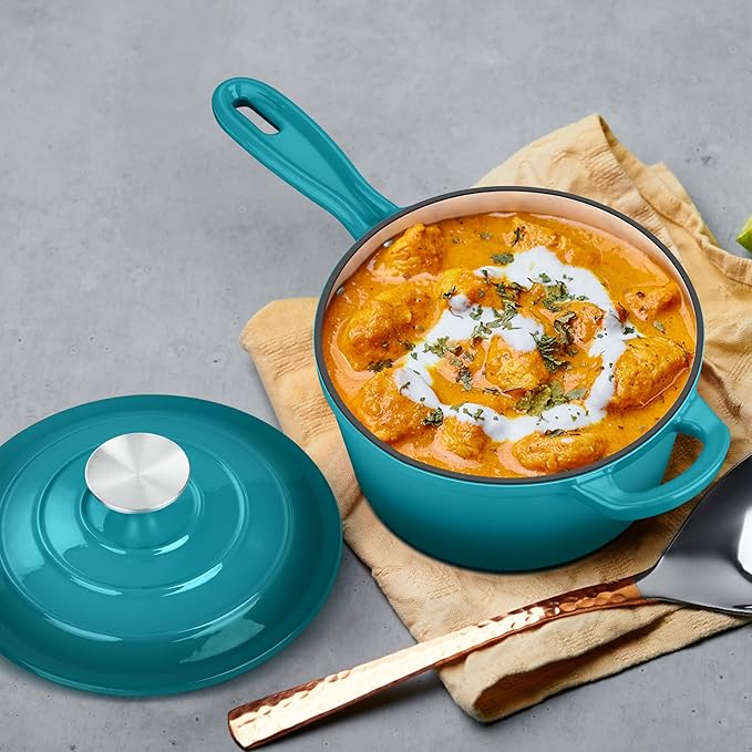 Enameled Cast Iron Sauce Pan with Lid, Leonyo 2 Quart Saucepan with Lid, Enamel Cast Iron Pot Dutch Oven Kitchen Cookware for All Cooktops Cooking Soup, Milk - Up to 500°F & 6.7Lbs, Lake Green