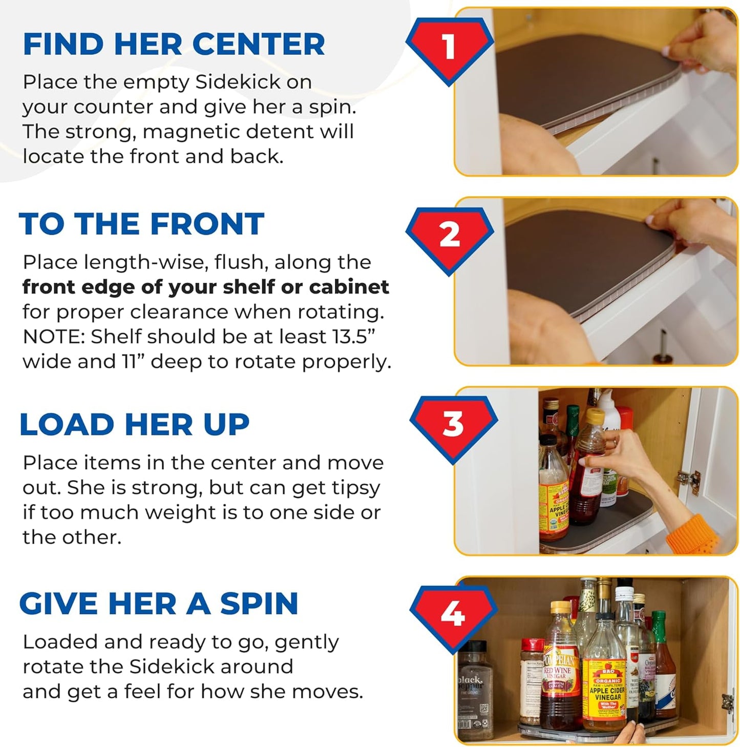 Mighty Susan Sidekick Steel-Reinforced Rotating Cabinet Organizer - Rectangular Turntable for Tall Bottles & Bulk Storage - Holds Up to 30 lbs with Non-Slip Mat - Perfect for Kitchen and Pantry