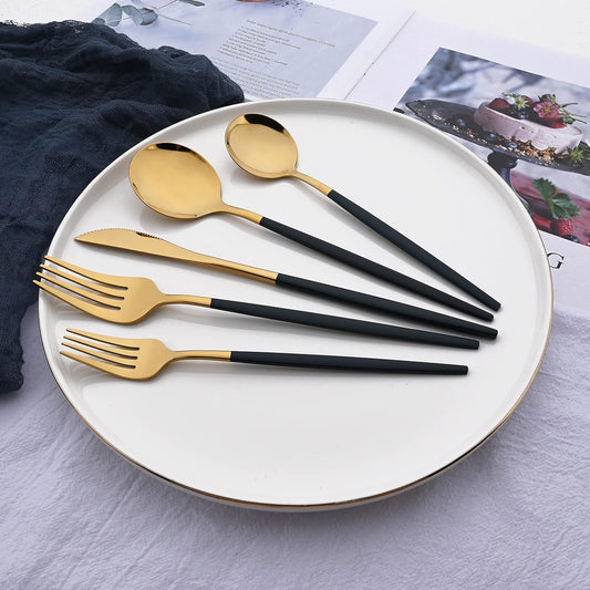 Silverware Set – 20 Piece Family Dinnerware Set – Flatware Set Service For 4 – Green Gold Tableware Sets – Cutlery Great For Family Gatherings & Daily Use – Spoons, Knives, Forks