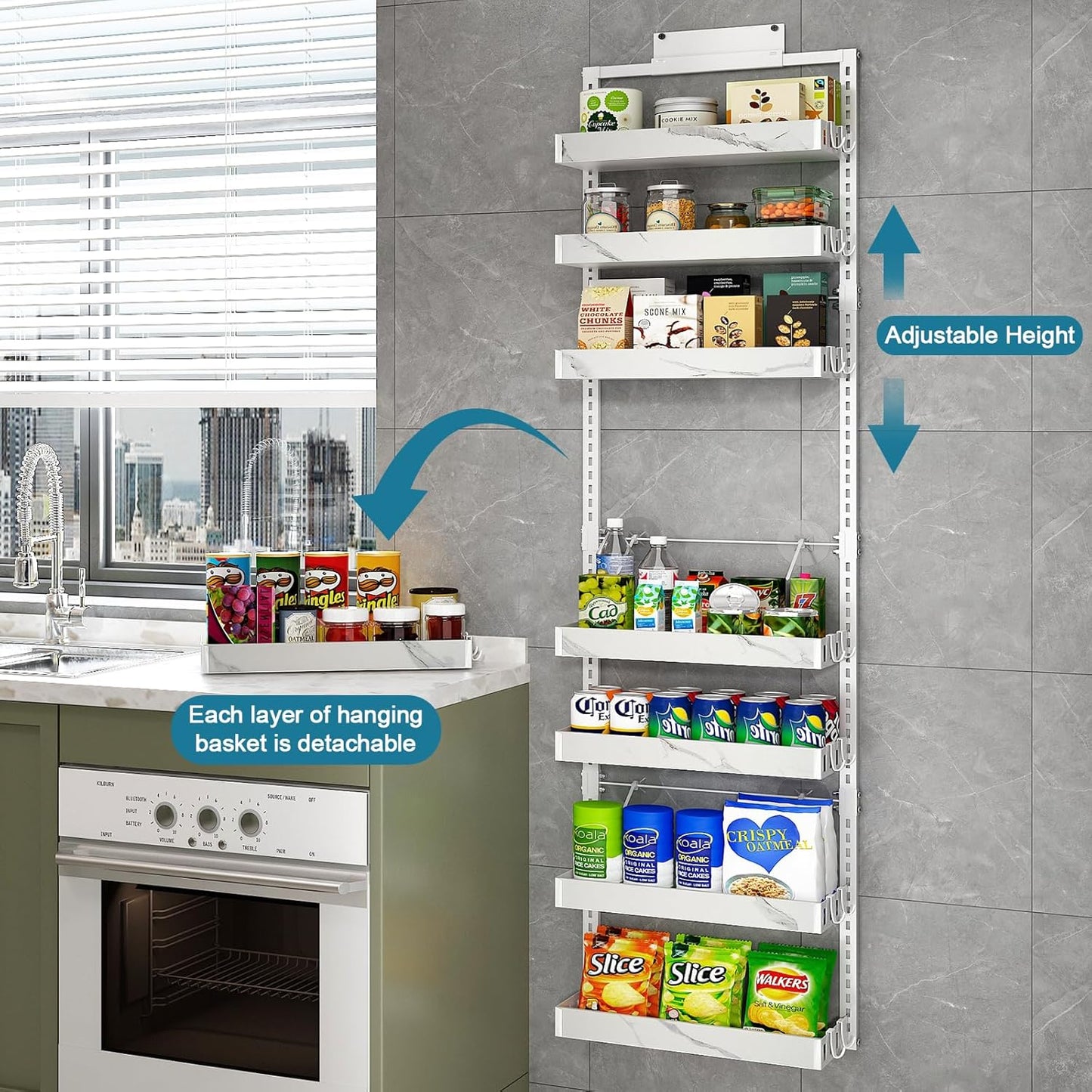 bukfen Over the Door Pantry Organizer,8-Tier Adjustable Basket Kitchen Pantry Door Organization and Storage, Heavy-Duty Metal Hanging Kitchen Spice Rack,D6.3 x W17.32 x H66.93 inch,White Marble Color