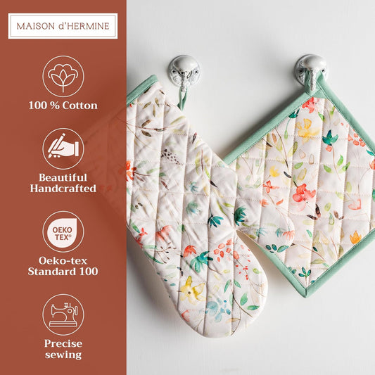 Maison d' Hermine 100% Cotton Oven Mitt & Pot Holder Set (7.5"x13" & 8"x8") Heat Resistant BBQ Cooking Gloves with Loop, Baking, Grilling, Kitchen, Handling Hot Pans Spring/Summer (Colmar)