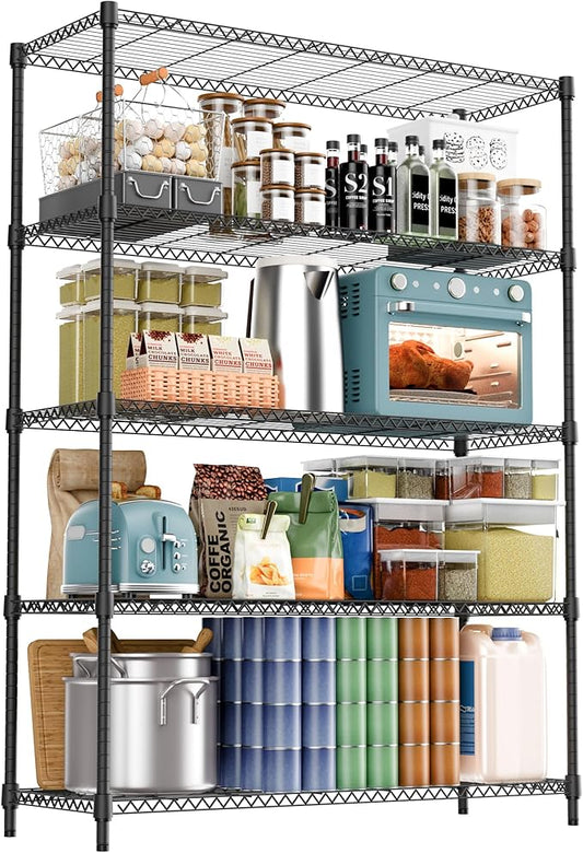 5 Tiers Shelf 1750 lbs Steel Storage Shelving Utility Shelving Unit Steel Organizer Wire Rack for Home,Kitchen,Office,Garage Black 17.7" D x 47.2" W x 72.4" H