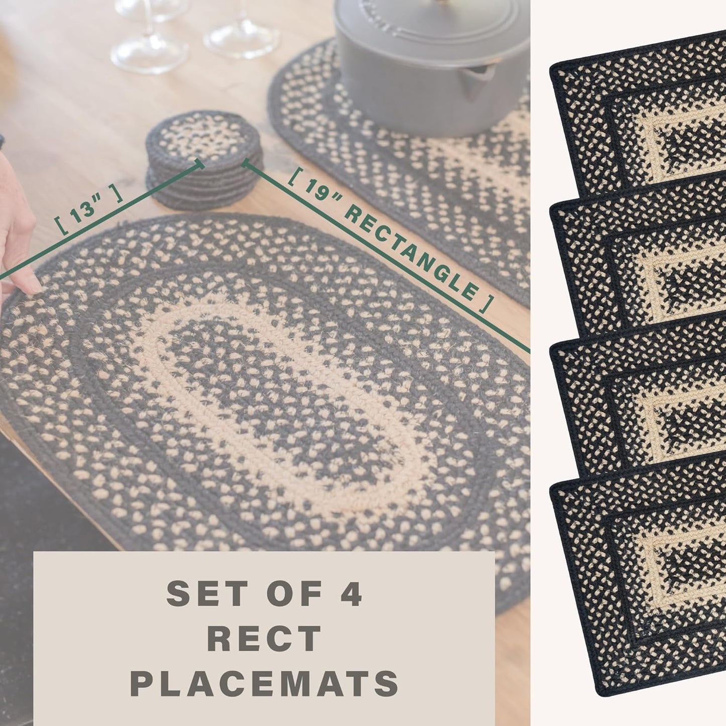 Homespice Manchester Jute Woven Placemats, Country Primitive Decor, Set of 4, Black and Tan 13x19 Rectangle Table Mats - Vibrant Colors, Durable, Easy to Clean and Protects Furniture