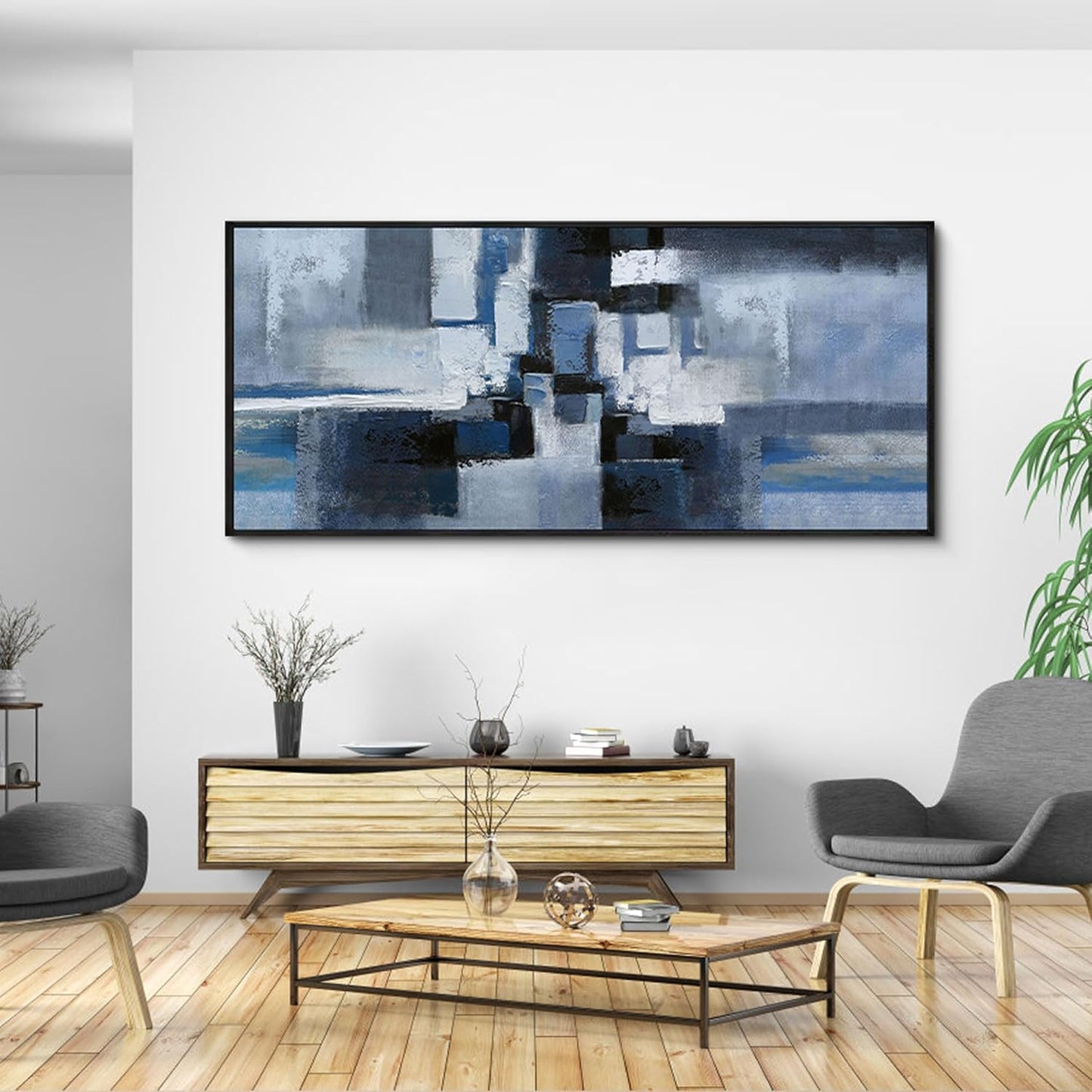 KLAKLA Large Abstracr Wall Art - Blue and Black Canvas Picture for Living Room Office Wall Decor Bedroom Art Framed Artwork Modern Wall Decoration 70x31 Inches