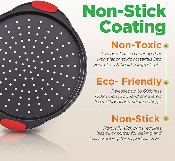 NutriChef Non-Stick Pizza Tray with Silicone Handles, 10-Pack Round Steel Non-Stick Pans with Perforated Holes, Premium Bakeware, Pizza Trays with Silicone and Oversized Handles, Dishwasher Safe