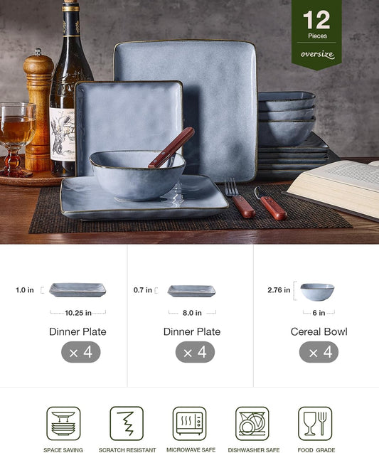 Famiware Dinnerware Sets for 4, Ocean Square 12-Piece Kitchen Plates and Bowls Sets, Reactive Glaze, Microwave and Dishwasher Safe, Scratch Resistant, Blue