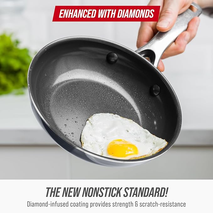 Blue Diamond 8" Nonstick Frying Pan Skillet, Ceramic Diamond Infused PFAS-Free, Dishwasher & Oven Safe, Stay Cool Handle, Durable Non Toxic Metal Utensil Safe, Egg & Omelet Pan, Gray