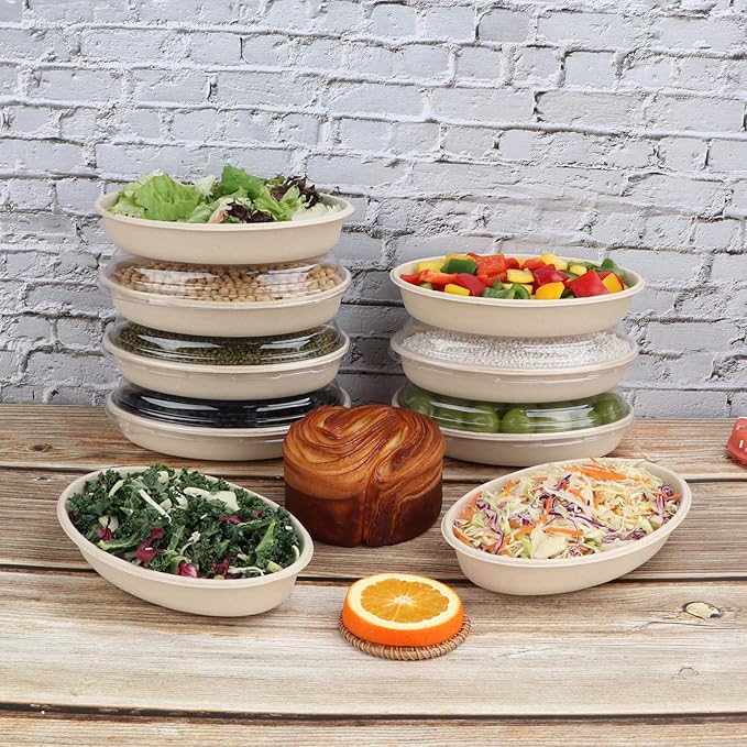 18 oz Oval Disposable bowls with lids,Sugarcane Salad Bowls take away food containers Plant Fibers 50 Pack