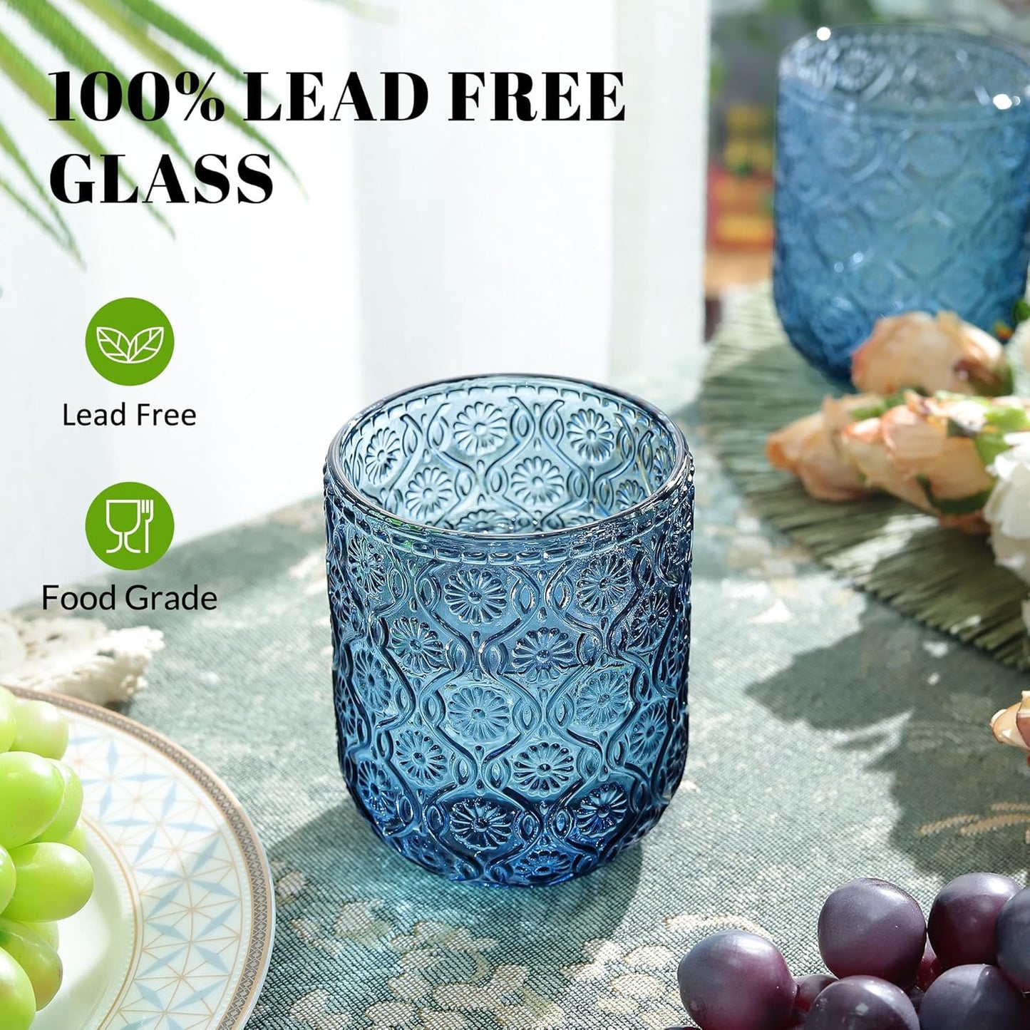 Joeyan Small Blue Drinking Glasses,Vintage Embossed Floral Water Glass Tumbler Cups,Colored Beverages Cocktail Juice Wine Glassware,9 oz,Set of 4,Dishwasher Safe