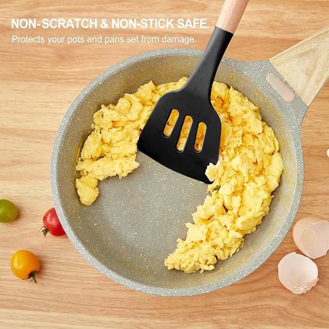 Kitchen Utensils Set - 7 PCS Non-Stick Silicone Cooking Utensils Set with Wooden Handle,Kitchen Gadgets Tools Set for Nonstick Cookware (Black-7Max)