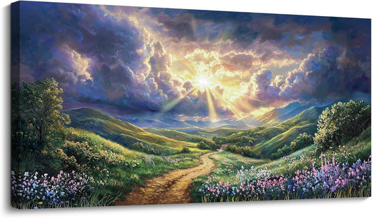 HKDGOKA Large Landscape Canvas Wall Art, Green Mountains Purple Clouds Flower Scenery Canvas Pictures Paintings Artwork for Living Room Bedroom Office Kitchen Home Wall Decor 29x58 IN