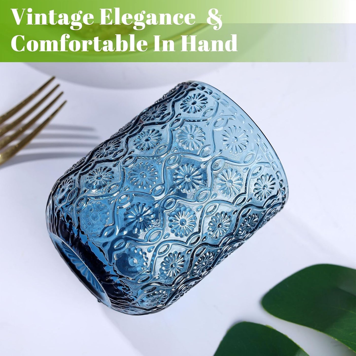 Joeyan Small Blue Drinking Glasses,Vintage Embossed Floral Water Glass Tumbler Cups,Colored Beverages Cocktail Juice Wine Glassware,9 oz,Set of 4,Dishwasher Safe