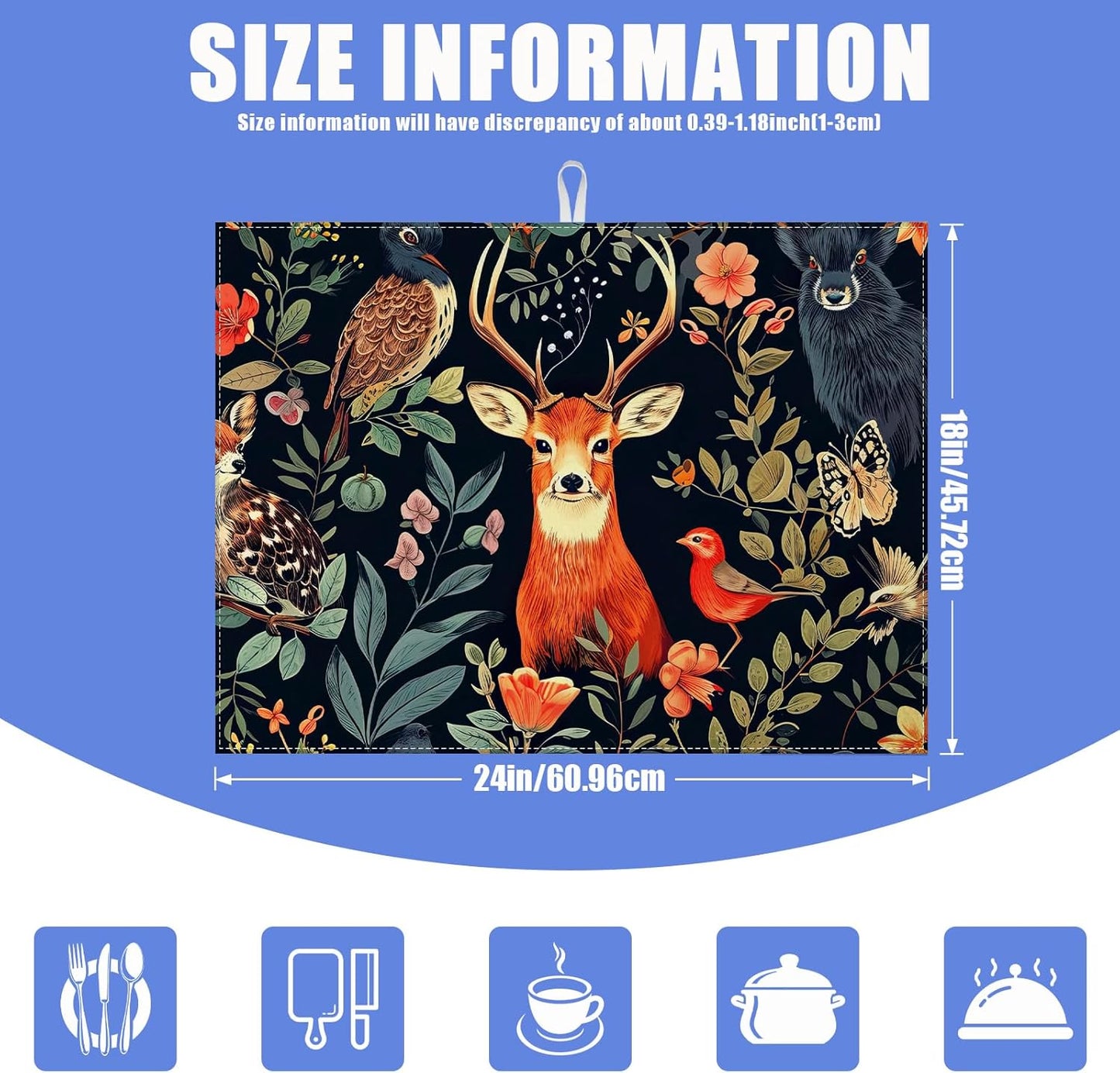 Vintage Deer Dish Drying Mat for Kitchen Counter Wild Animals Drying Pad Absorbent Reversible Dish Drainer Rack Mats Draining Pad 18"x24"Inch