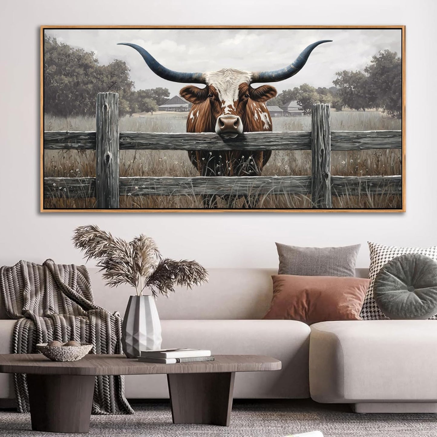Highland Cow Wall Art - Rustic Farmhouse Wall Art for Country Wall Decor, Vintage Artwork for Walls, Framed Pictures for Living Room, Large Canvas painting for Bedroom Above Bed 29×58IN