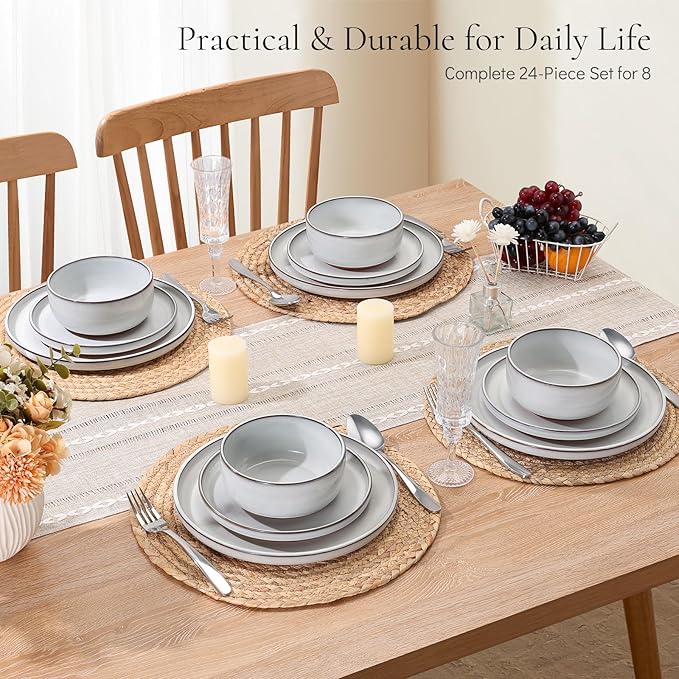 E-far Stoneware Dinnerware Sets for 8, 24 Pieces Reactive Glaze Plates and Bowls Sets, Elegant Dishes with Rustic Terracotta Clay Base, Dishwasher & Microwave Safe, Scratch Resistant, Glacier White