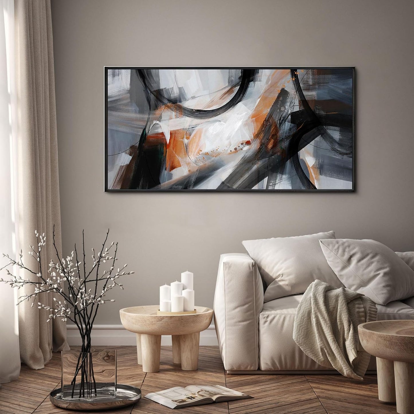 KLAKLA Wall Art for Living Room - Black and Orange Boho Abstract Canvas Framed Wall Decor Office Bedroom Art Modern Large Picture Artwork for Walls Prints Paintings Artwork 48x24 Inches