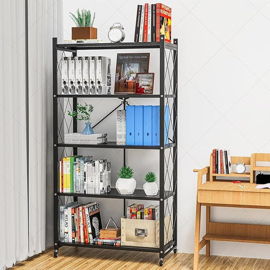 Lifetime Home 5-Tier Foldable Storage Shelf with Wheels - Metal Collapsible Shelving Unit Display, Rolling Cart for Books Kitchen Storage Shelves, Pantry & Closet Organizer, Office Room Decor - Black
