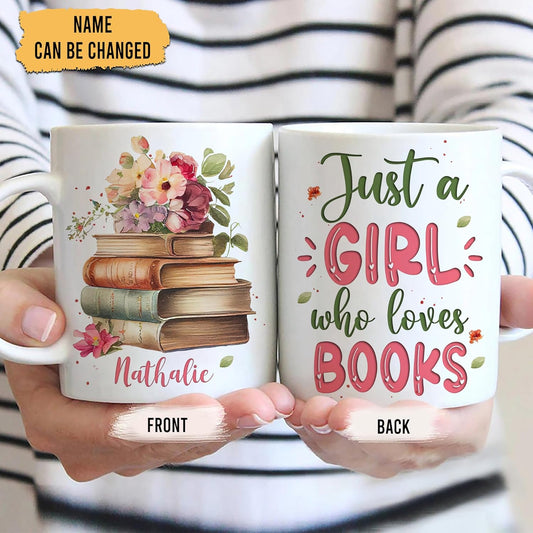 Hyturtle Personalized Gifts Book Lover - Just A Girl Who Loves Books Custom Name Ceramic Coffee Mug Cup 11oz - Reading Book Lovers Gifts For Women, Girl Daughter On Birthday, Christmas