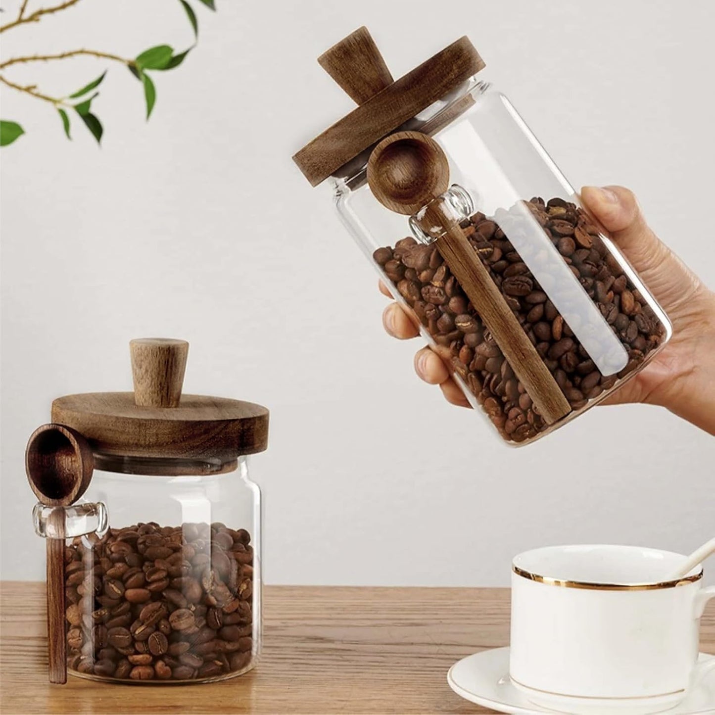 Glass Food Storage Jar with Wooden Lid and Spoon, Airtight Container for Cereals, Cookies, Snacks, Kitchen Canister Set (Large(750ml/25.3oz))