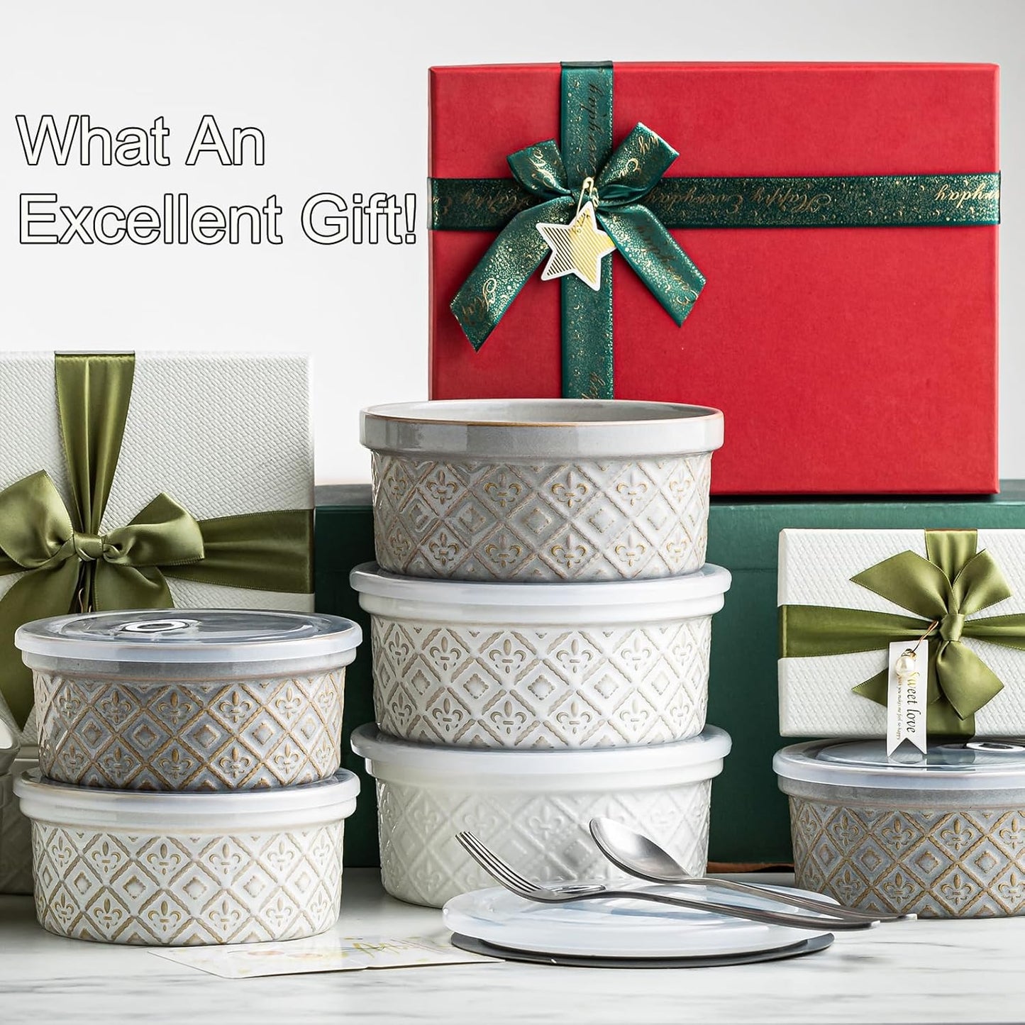 28 Oz Cereal Bowls Set with Lids, Ceramic Salad Bowls for Kitchen, Preparing, Camping, Office Lunch, 6 Inch Kitchen Food Storage Containers with Airtight Lids set of 4, Housewarming Present, Beige