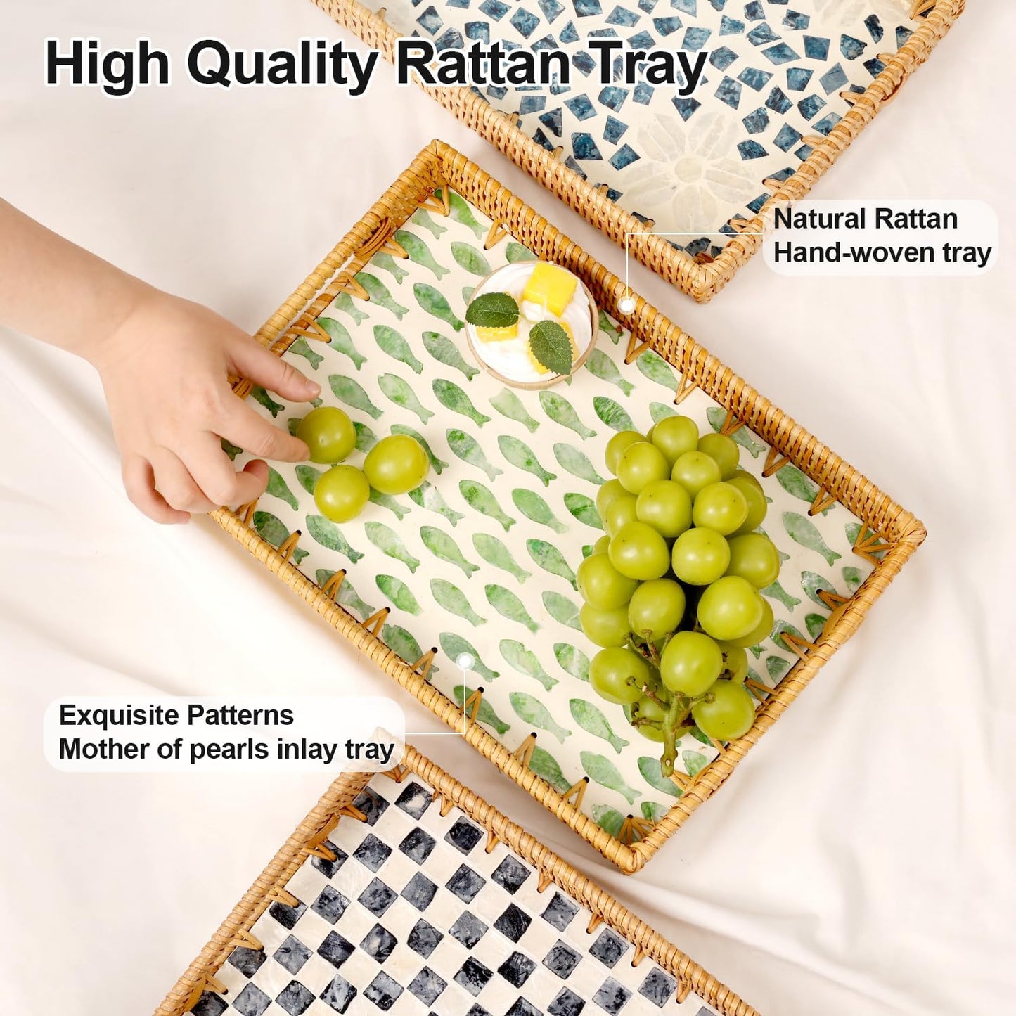 Rectangle Rattan Tray with Mother of Pearl Inlay, Rattan Serving Tray with Handle for Coffee, Bread, Fruits, Snacks, Decorative Wicker Tray for Table Decor (Rectangle Green Fish, 13"×9")