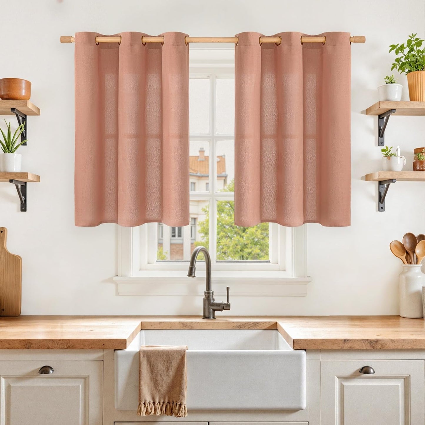 YoungsTex Terracotta Linen Cafe Curtains 36 Inch Length with Grommet, Burunt Orange Short Drapes Light Filtering for Kitchen Bathroom Fall Decorative, 42 x 36 Inch, 2 Panels