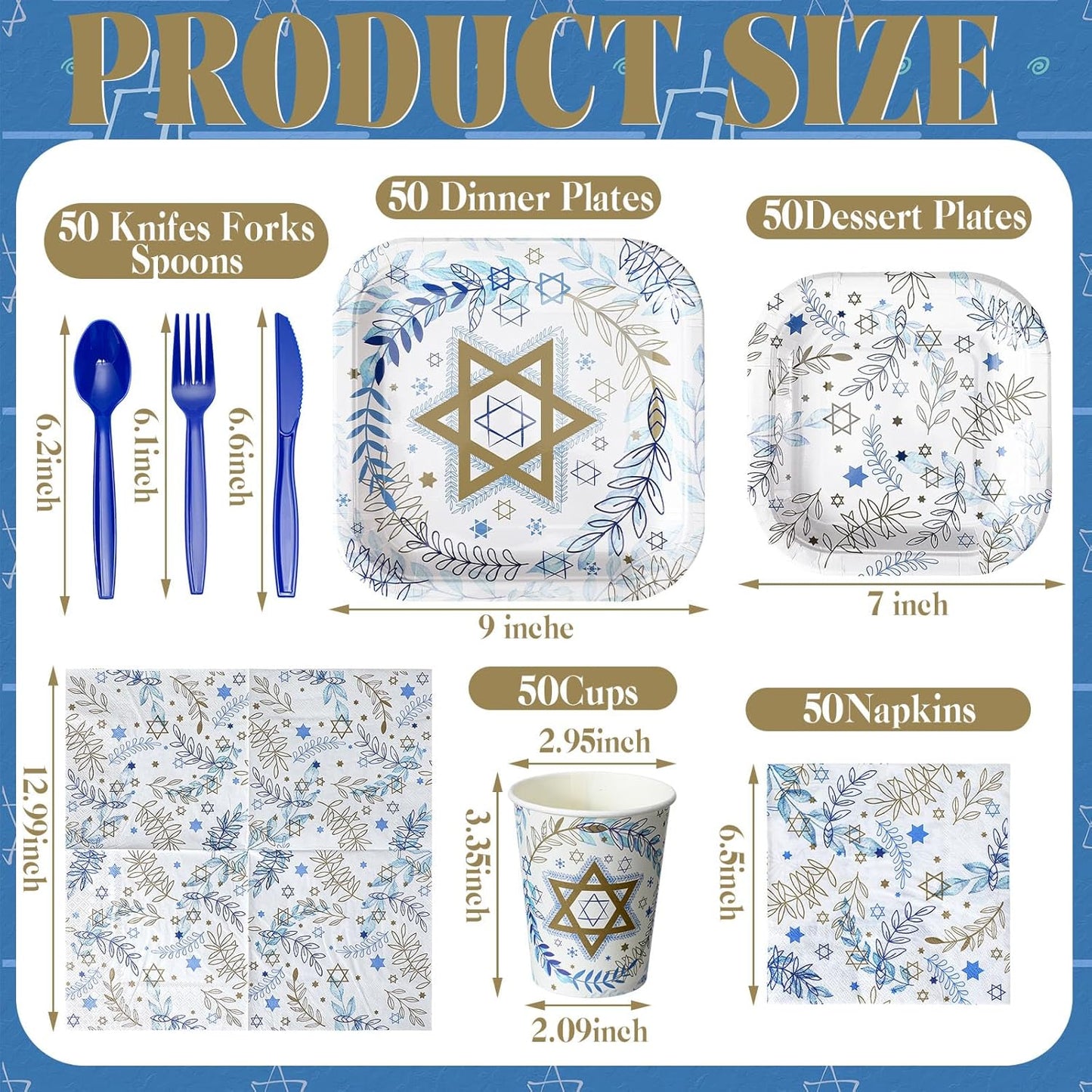 350 Pcs Paper Plates and Napkins Set Disposable Dinnerware Party Supplies Tableware Serve 50 Guest Cups Knife Forks Spoon(Blue, Gold and White,Hanukkah)