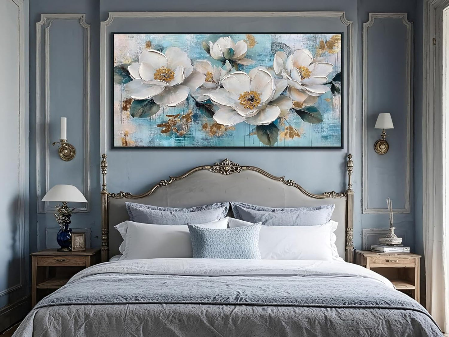 Ardemy White Floral Wall Art, Framed Canvas Wall Art For Living Room Large Teal Pictures Wall Decor Flower Paintings Artwork for Walls Dining Room Bedroom Home Office 58"x29"