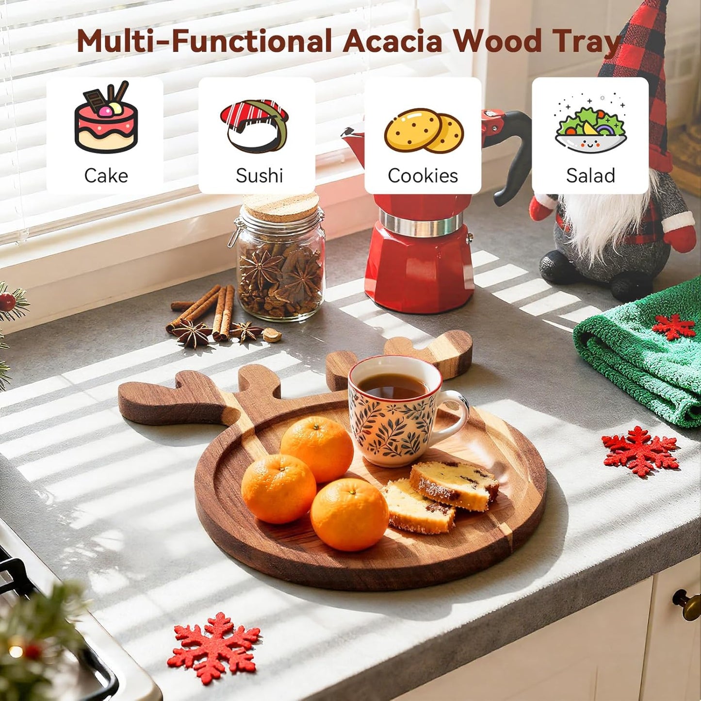 2 Pcs Christmas Charcuterie Boards, Antler & Christmas Tree Wooden Cutting Board with Handle, Acacia Wood Serving Tray for Cheese Fruit Bread Salad Vegetables Snack Dessert