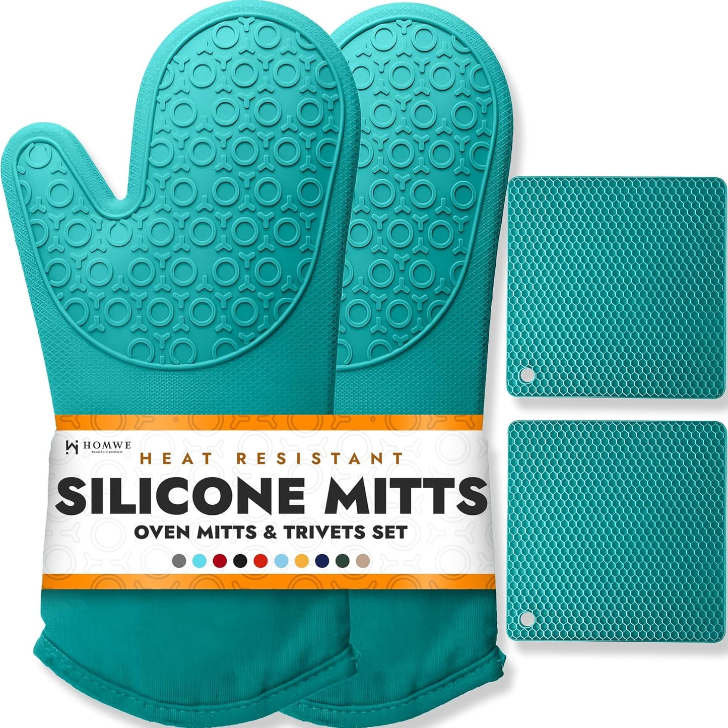 HOMWE Silicone Oven Mitts and Pot Holders, 4-Piece Set, Heavy Duty Cooking Gloves, Kitchen Counter Safe Trivet Mats, Advanced Heat Resistance, Non-Slip Textured Grip (Aqua Turquoise)