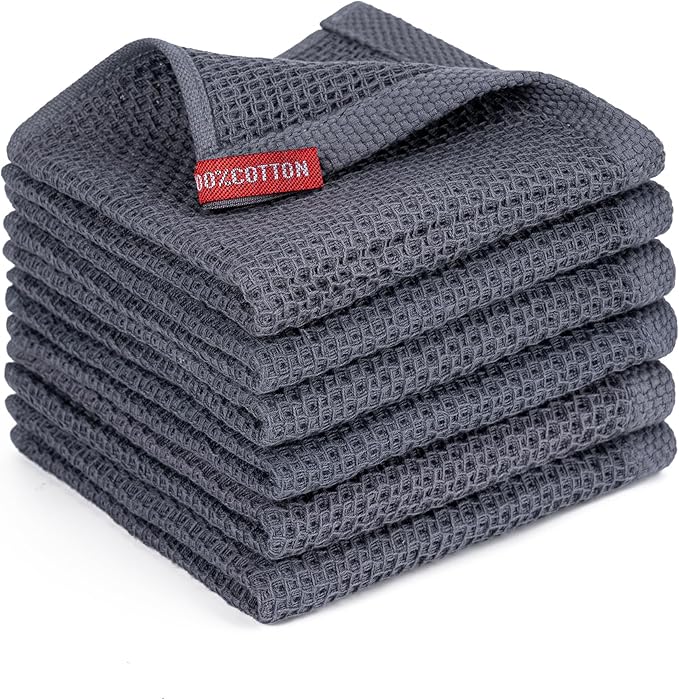 BOOMIBOO ﻿Kitchen Towels 6-Pack Kitchen Dish Cloths,100% Cotton Towels Waffle Weave, Ultra Soft Absorbent, Quick Drying, 12x12 Inches,Dark Grey
