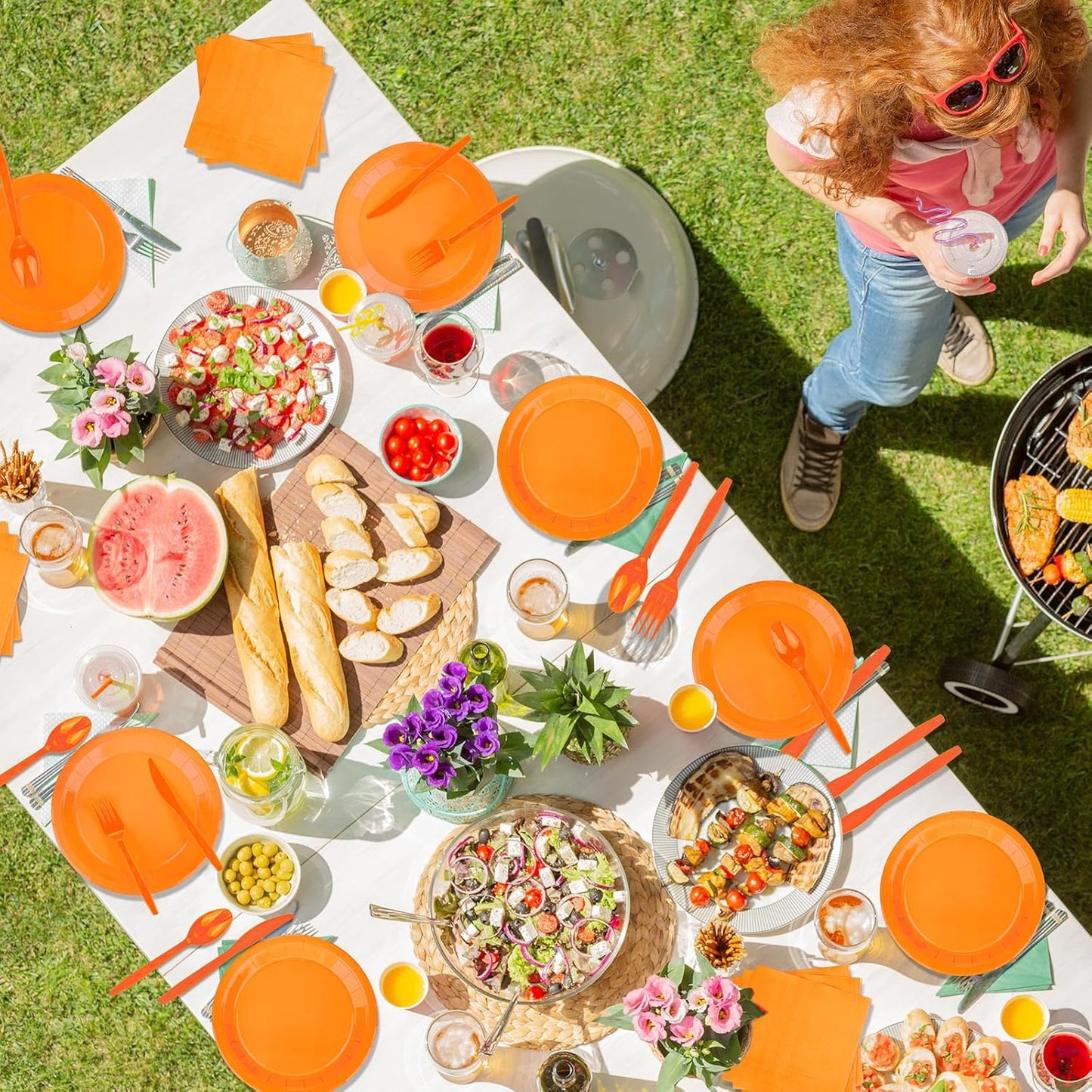 TWOWYHI 228PCS Orange Party Supplies Set Include Paper Plates Cups Paper Napkins Plastic Spoons Forks Knives for 30 Guests Disposable Party Dinnerware for Birthday Wedding Family Picnic