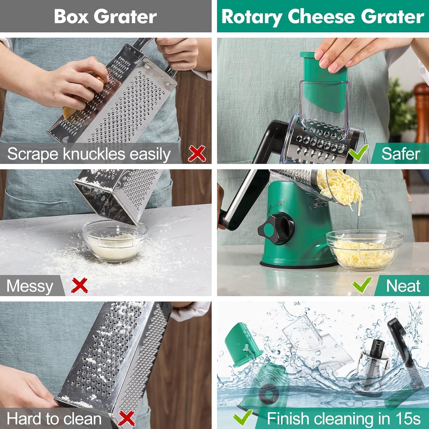 Cheese Grater Rotary, Rotary Grater for Kitchen, Kitchen Grater Vegetable Slicer with 3 Drum Blades, Fast Cutting Cheese Shredder for Vegetables and Nuts