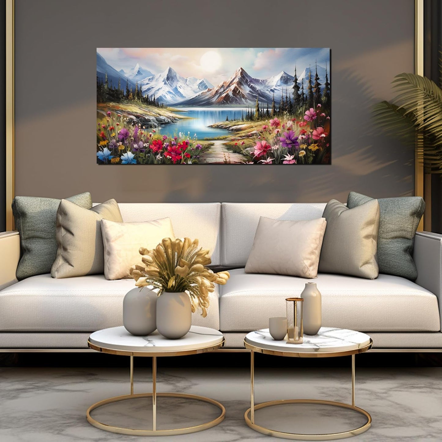 Large Canvas Wall Art for Living Room Farmhouse Decor Pictures Mountain River Landscape Wall Art Decor Prints Countryside Meadow Wildflower Artwork Canvas Painting Wall Decor for Bedroom 24x48 IN