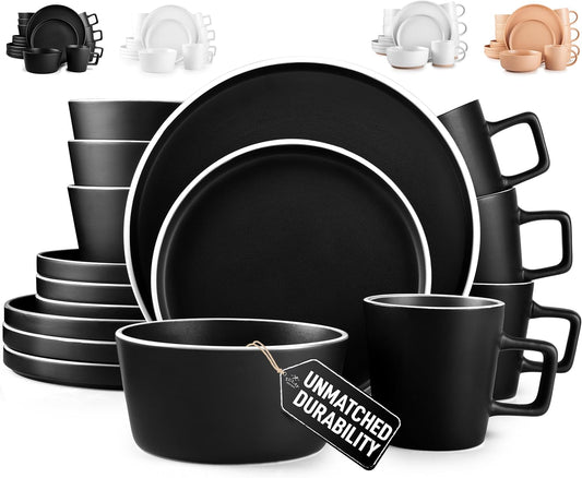 Zulay Kitchen Terra Stoneware Dinnerware Set, Artisanal Ceramic Plates and Bowls Set Crafted at 2300℉ - Service for 4, Black Matte with White Rim