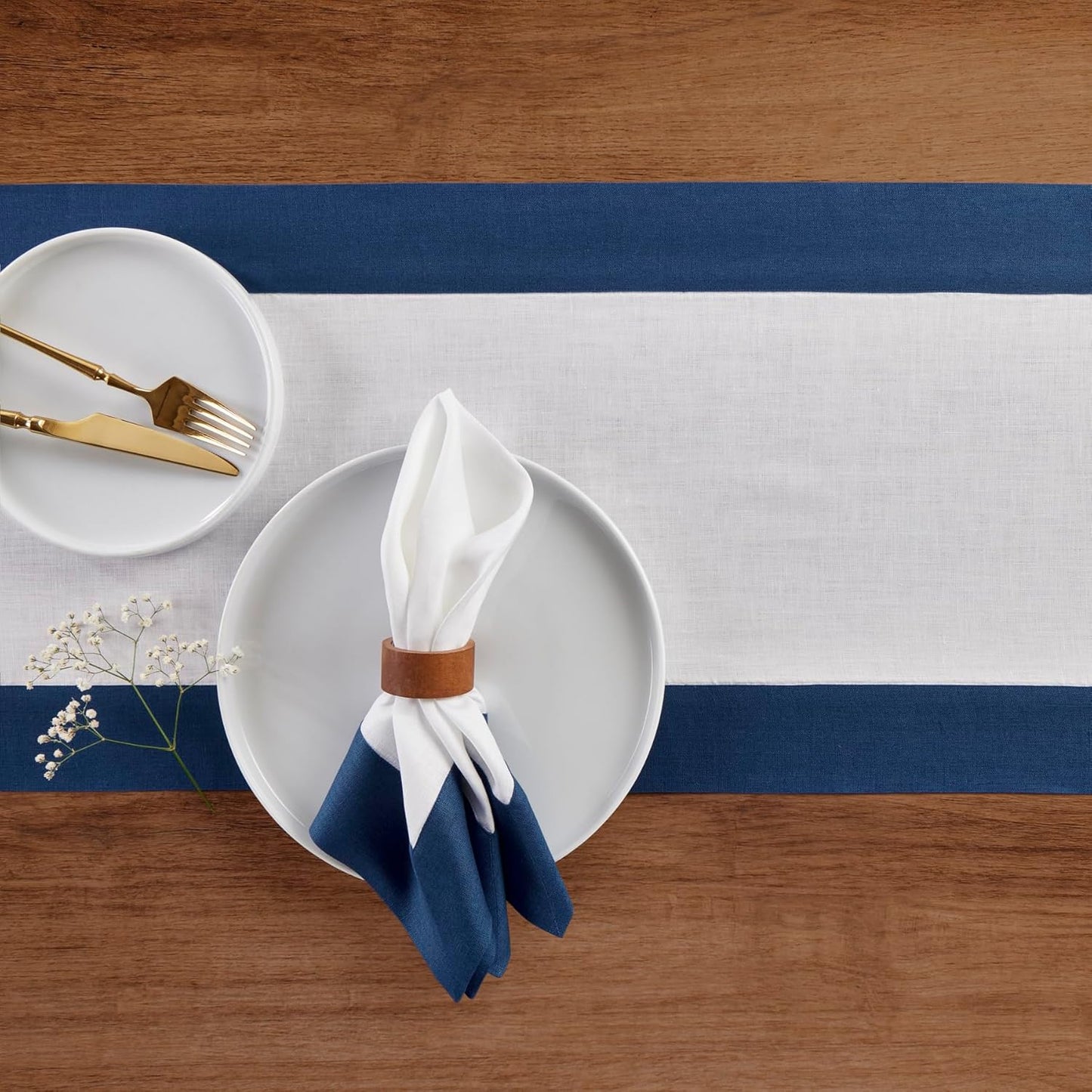 Solino Home Linen Table Runner 60 Inches - 100% Pure Linen Indigo Blue and White Table Runner 14 x 60 Inch Ideal for Dresser and Coffee Tables - Contempo - Thanksgiving