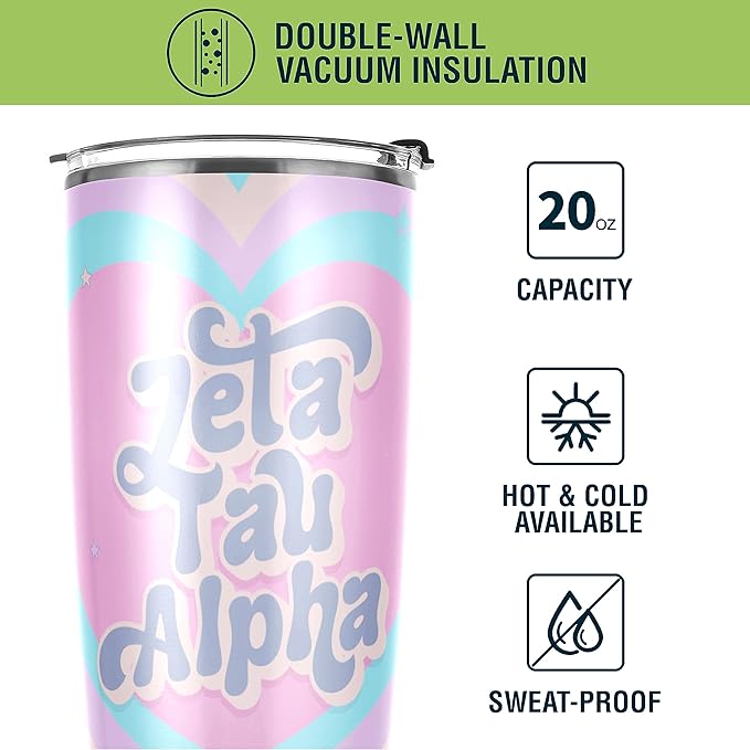 Zeta Tau Alpha Paraphernalia Officially Licensed - 20 oz Stainless Steel Insulated Sublimation Tumbler - Colorful Heart