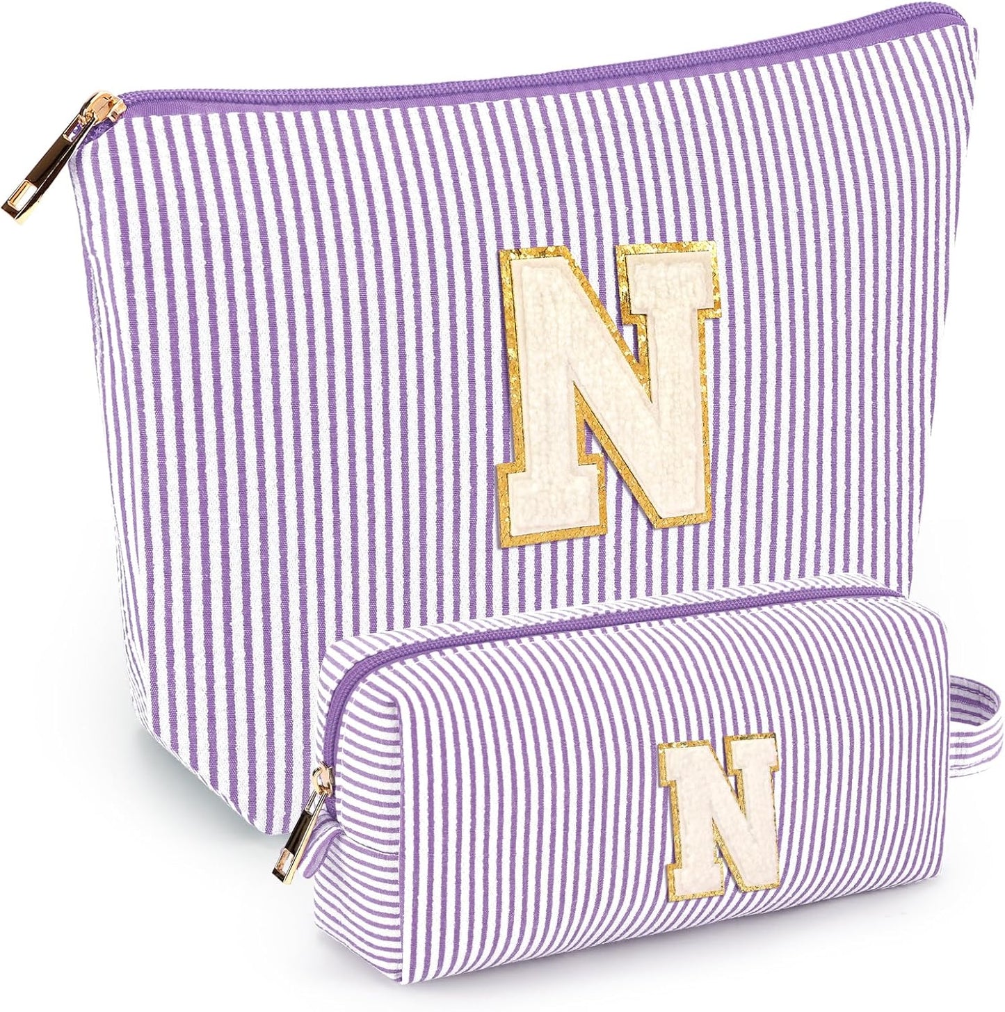 2 PCS Initial Makeup Bags for Women: Cosmetic Bag for Travel Toiletry - Birthday Gifts for 11 12 13 14 15 16 17 18 Years Old Girl Graduation Teacher Gift- Teen Girl Gifts Trendy Stuff - Purple N