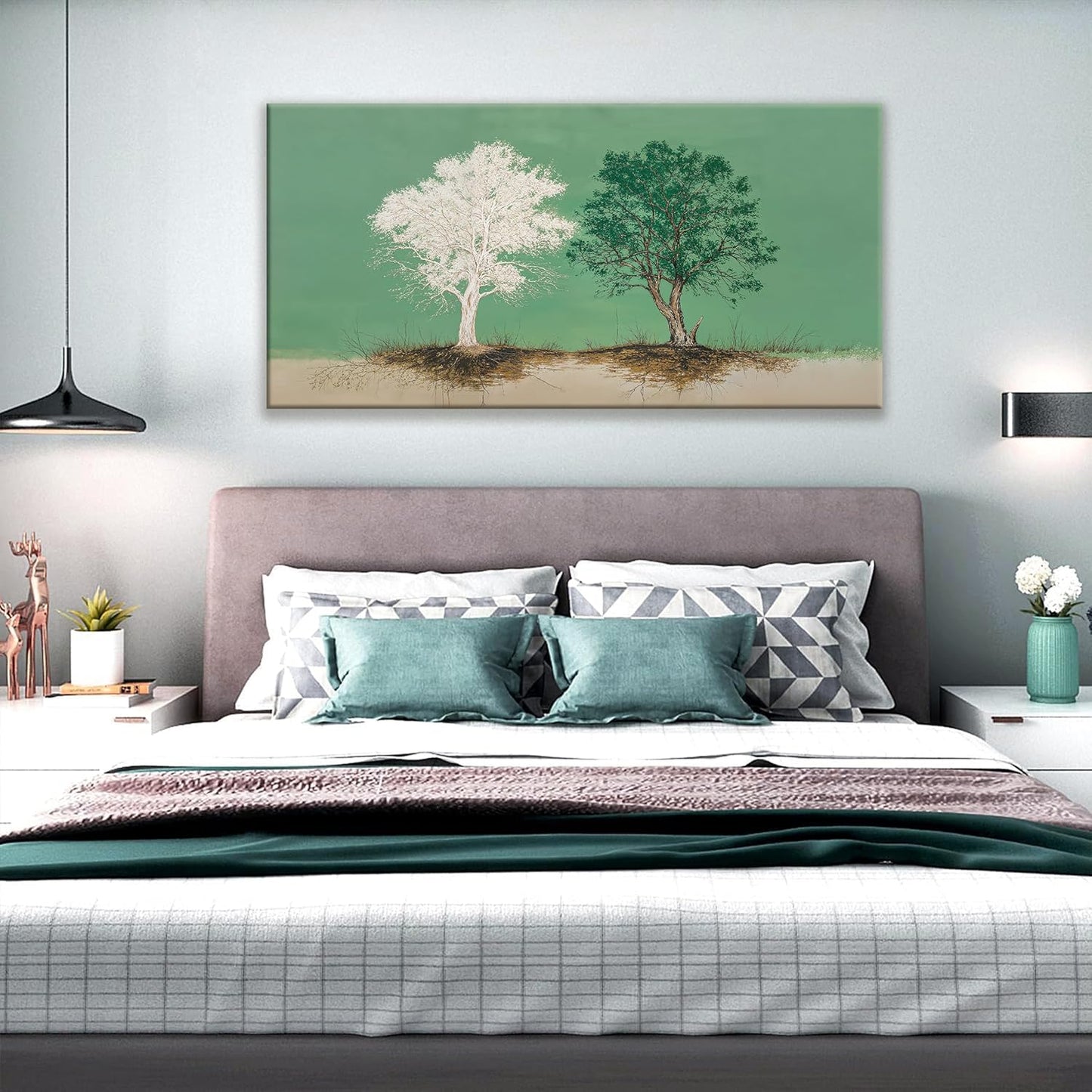 Abstract Wall Art Decoration Modern Home Wall Decor Pure White And Green Canvas Art Wall Decor Tree Of Life Wall Art For Living Room Bedroom Kitchen Bathroom Office 24x48 Inch