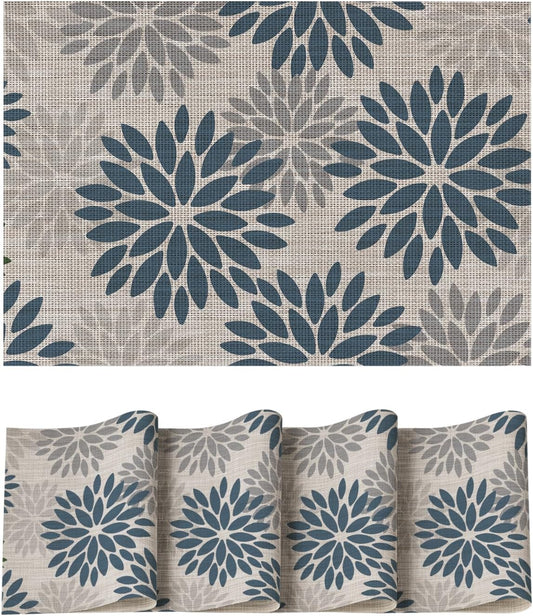 Artoid Mode Floral Vinyl Placemats Set of 4, Heat Resistant Washable Non-Slip Plastic PVC Place Mats for Party Kitchen Dining Decor, Blue Grey