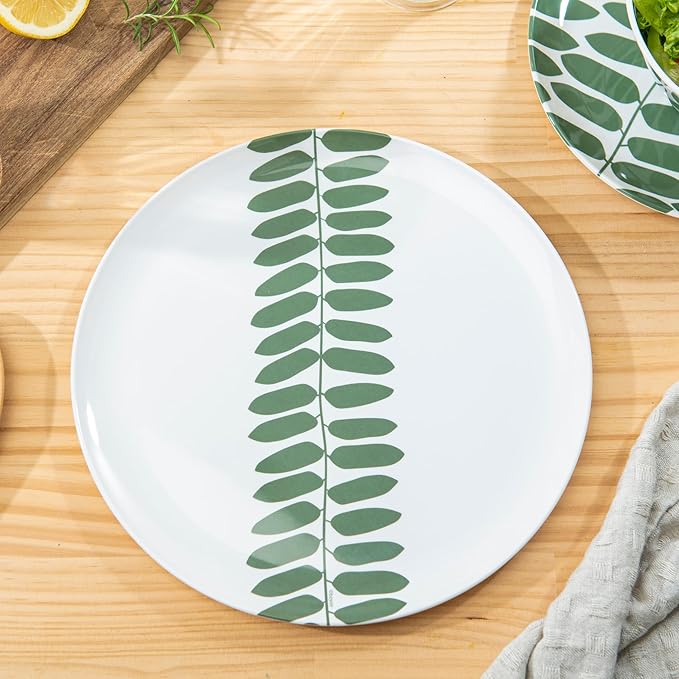 Bzyoo 12-Piece Melamine Dinnerware Set - Leaf | Lightweight, Durable, BPA-Free | Dishwasher Safe Dish Set for Indoor & Outdoor Use - Perfect for Camping, BBQs, Kids